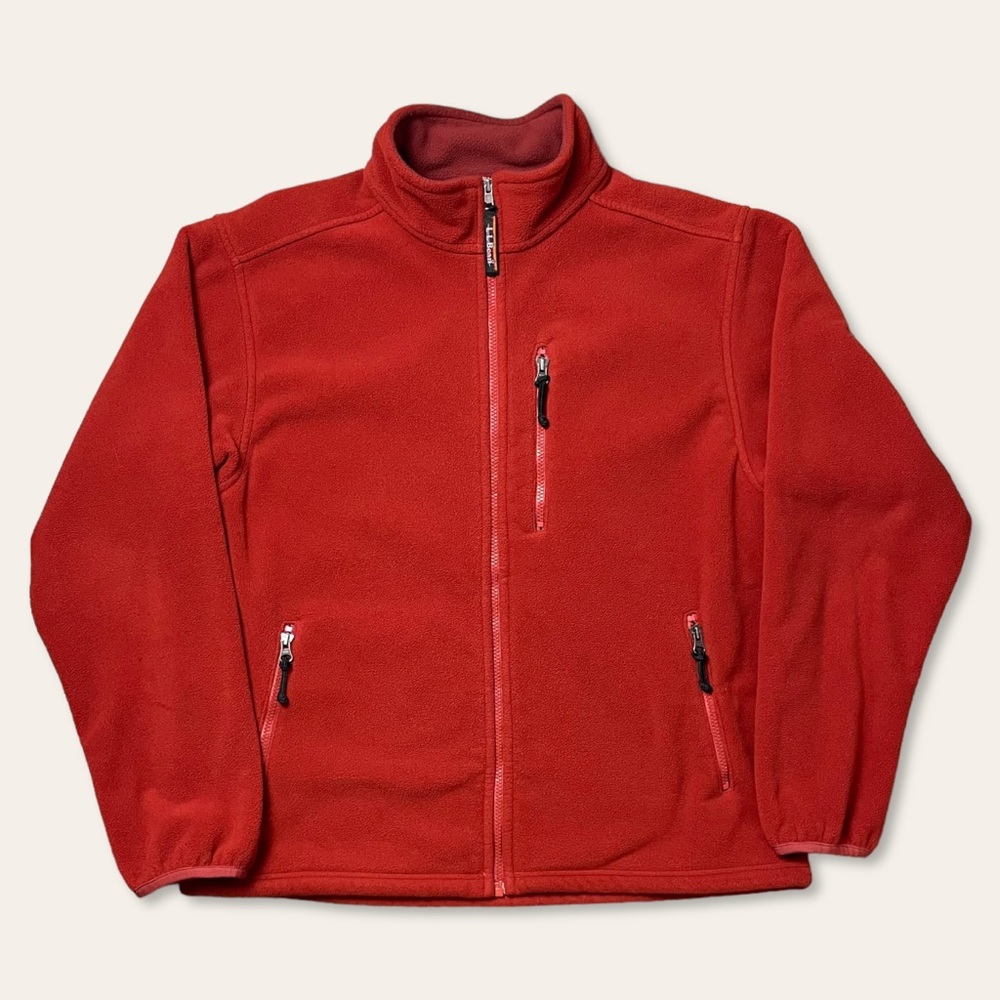LL Bean Polartec Fleece Orange Long Sleeve Jacket 3 Front Pockets Full Zip Warm